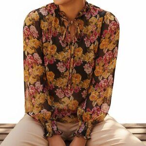 A LOVE STORY "Lorelai" Pink Yellow Brown Lace-Up Front Mesh Blouse Small NWT